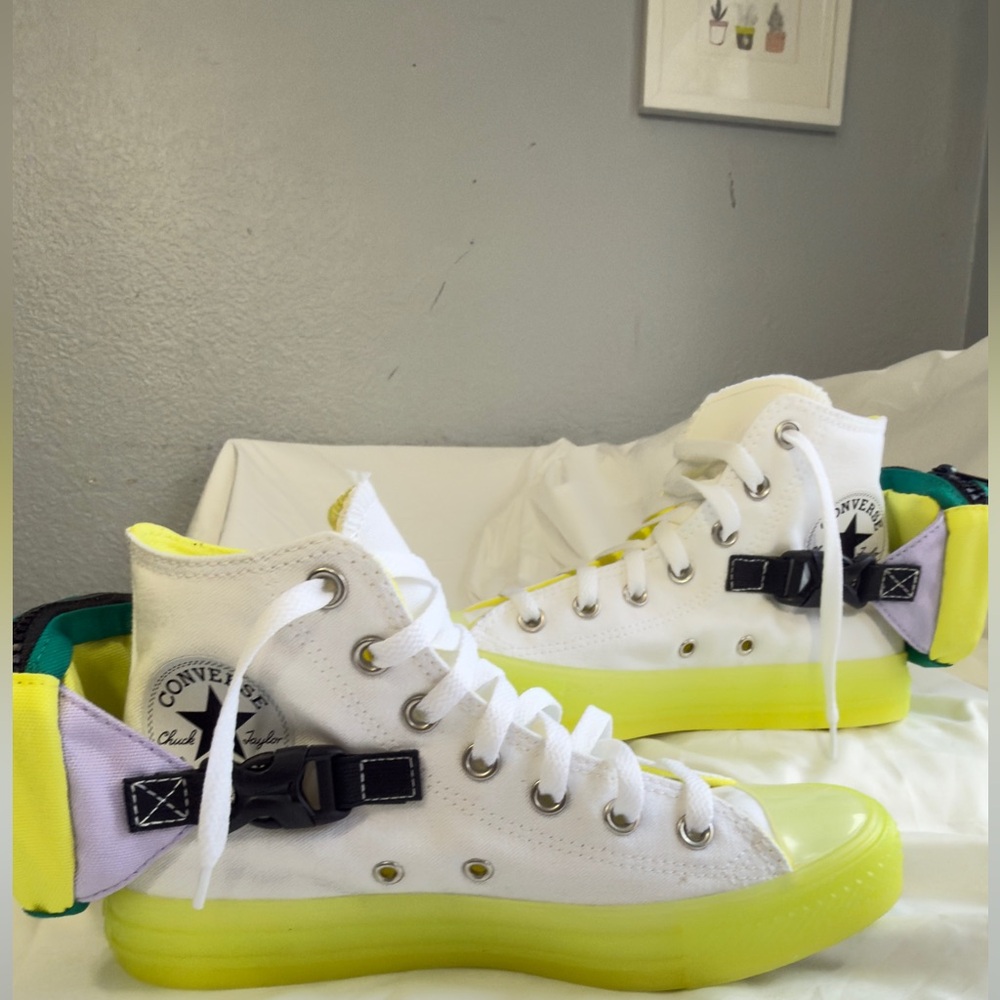 Converse White and Neon Yellow High-Top Sneakers Size 7.5